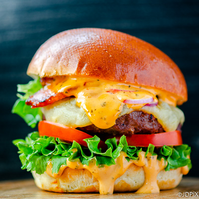Juicy Organic Surrey Beef Burger on brioche bun